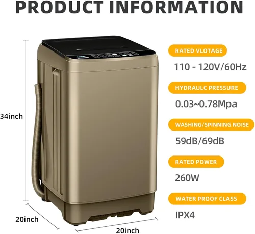 Miniatura 7 de Lavadora portátil de 17.7 libras, lavadora compacta completamente automática para apartamento, 10 programas de lavado, pequeña lavadora portátil