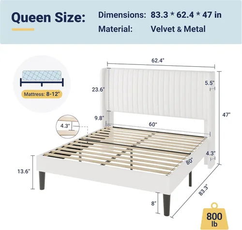 Miniatura 2 de Allewie - Base de cama tamaño Queen con cabecera acolchada en terciopelo y diseño acanalado vertical; plataforma de cama tapizada; listones de Blanco