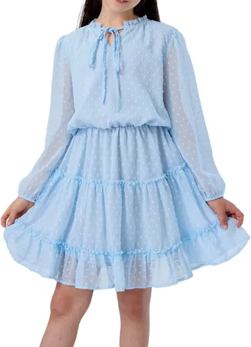 Miniatura 3 de DONWEN Vestido de punto suizo para niña, manga larga, vestido de gasa fluido, vestido de primavera y verano, con lazo frontal, vestidos casuales