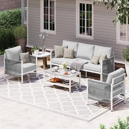 Miniatura 24 de Juego de muebles de aluminio para patio al aire libre con mesa de centro de doble capa, juegos de conversación de patio modernos de 4 piezas