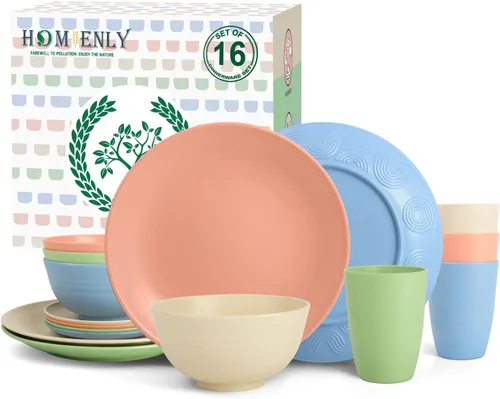 Miniatura 36 de Homienly Juegos de Vajilla Premium de Paja de Trigo, Platos y Tazones Ligeros e Irrompibles, Tazas, Servicio para 4, Apto para Lavavajillas