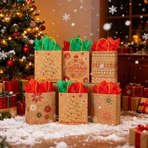 Miniatura 7 de 24 bolsas de regalo de papel kraft de Navidad con 24 papeles de seda, bolsas de dulces navideños de 7 x 8.6 x 3 pulgadas con asas, bolsas de dulces