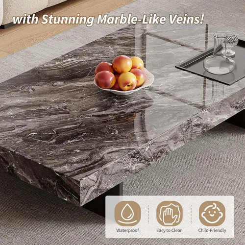 Miniatura 4 de Mesa auxiliar rectangular de mármol de 51.18 pulgadas, parte superior de piedra sinterizada gris moderna con base de metal negro, mesa central