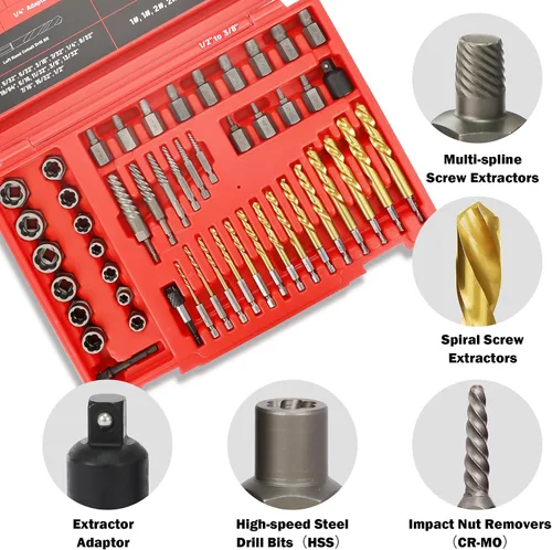 Miniatura 4 de Juego de 53 extractores de tornillos, juego de brocas para mano izquierda 6542/4341 HSS, juego de extractor de pernos fácil de sacar con adaptador