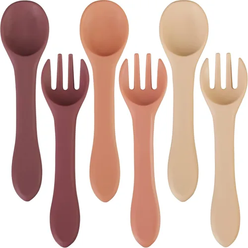 Miniatura 10 de Nuenen Juego de 6 tenedores y cucharas de silicona para bebés, suministros de autoalimentación para primera etapa, mini utensilios para niños