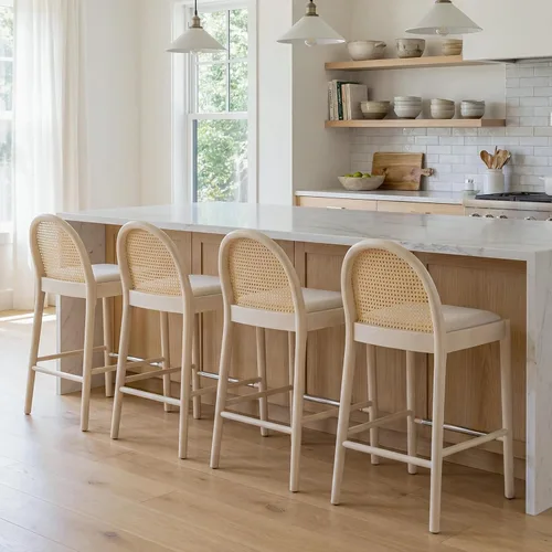 Miniatura 23 de DUOMAY Juego de 2 taburetes de mostrador modernos de ratán beige, 26 pulgadas de altura - Taburetes de bar de madera tapizados en lino con respaldo