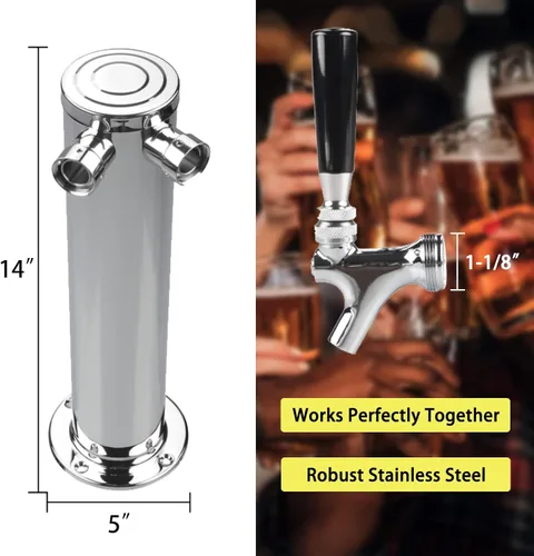 Miniatura 3 de PERA Torre de cerveza de doble grifo, dispensador de barril de cerveza de acero inoxidable de 3 pulgadas de diámetro con llave y línea de cerveza