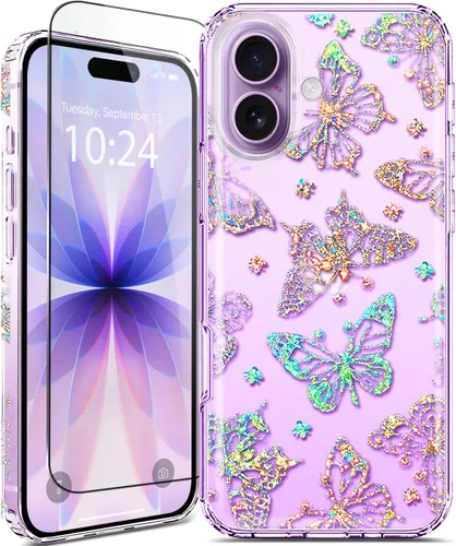 Miniatura 23 de Funda para iPhone 16, con protector de pantalla, linda para mujeres y niñas, funda protectora de grado militar de 10 pies para iPhone 16, funda