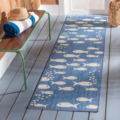 SAFAVIEH Alfombra lavable para exteriores, colección Patio de 2.3 x 12 pies, color azul y beige, no desprende pelusa y fácil de limpiar, ideal para