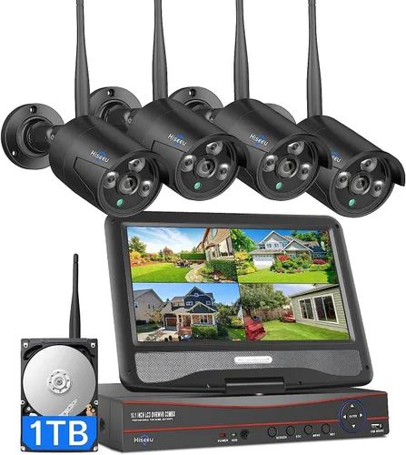Hiseeu [16 canales expandibles] Sistema de cámara de seguridad inalámbrica Pro 2.4G/5G, monitor LCD de 10.1" de 8MP, 4 cámaras para Negro-1