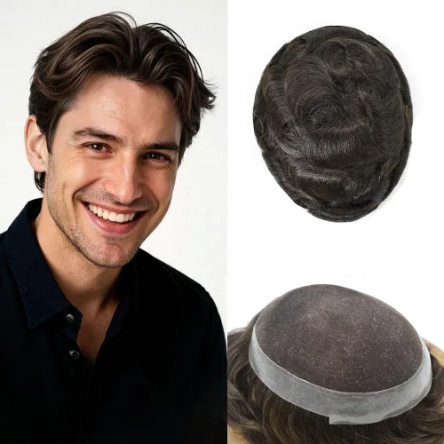 Miniatura 41 de Toupee para hombres Sistema de reemplazo de cabello humano real pieza de cabello humano para hombres encaje suizo para hombre Toupee Hair Pieces