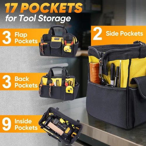 Miniatura 2 de TICONN Bolsa de herramientas de boca ancha con múltiples bolsillos con correas reflectantes de seguridad, correa de hombro ajustable y mango Amarillo