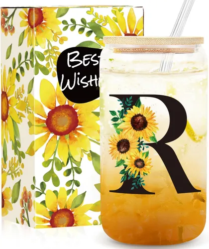 Miniatura 13 de Frerdui Regalos de cumpleaños para mujeres, vasos de vidrio con inicial con tapas y pajitas, regalo de girasol para mujeres, regalo personalizado