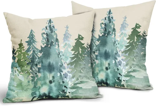 Miniatura 2 de Juego de 2 fundas de almohada de árbol azul verde acuarela de 22 x 22 pulgadas, estilo rústico, estampado de bosque natural, almohadas decorativas