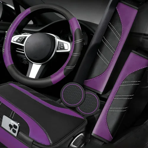 Miniatura 10 de NBTEPEM Juego de 6 accesorios de automóvil beige, funda de cuero deportivo para volante de 14.5 a 15 pulgadas, universal, funda de cuero