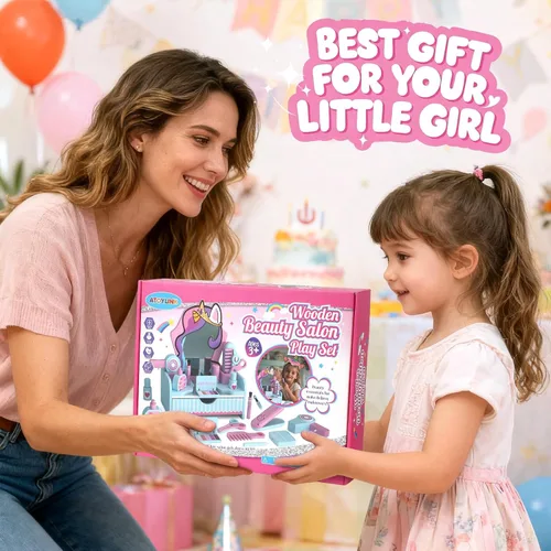 Miniatura 9 de Atoylink Juego de tocador de maquillaje de madera para niñas, juguetes de mesa para niños con espejo, cajón, juego de peluquería y accesorios