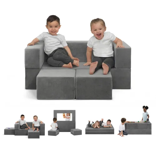 Delta Children Sofá convertible y juego para niños y niños pequeños, sofá modular de espuma y tumbona abatible con 2 otomanas, color gris
