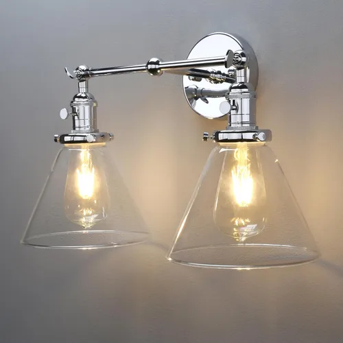 Miniatura 7 de PERMO Aplique doble cromado industrial de 2 luces, apliques de pared con pantalla de vidrio transparente acampanada en forma de embudo, luz
