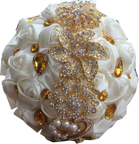 Miniatura 17 de Ramo de novia de 8 pulgadas con rosas de satén de 8 pulgadas con broches de cristal dorado hecho a medida, arreglo de centro de mesa, ramo azul real