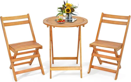 Tangkula Juego de 3 piezas plegables para patio, mesa y sillas de madera de acacia maciza con mesa de tablas, respaldo y asiento, juego de muebles