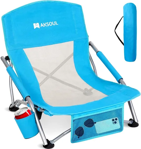 Miniatura 10 de AKSOUL Silla de playa plegable para adultos: sillas de respaldo bajo/alto con bolsa de transporte - Silla de asiento extra ancha con cómoda almohada