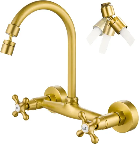 Airuida Grifo de cocina de montaje en pared con rociador, grifo de fregadero de cocina montado en la pared, asas dobles cruzadas, boquilla giratoria