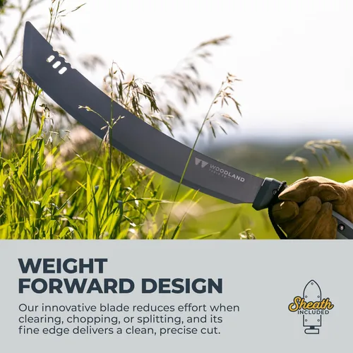 Miniatura 6 de Woodland Tools Machete resistente – Hoja curvada Parang de 16 pulgadas con espiga completa, mango ergonómico y funda de nailon balístico – Cortador