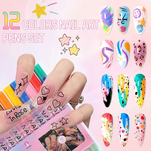 Miniatura 2 de Juego de bolígrafos de arte de uñas de 12 colores, bolígrafos de esmalte de uñas 3D, bolígrafos de arte de uñas para puntear, dibujar, pintura