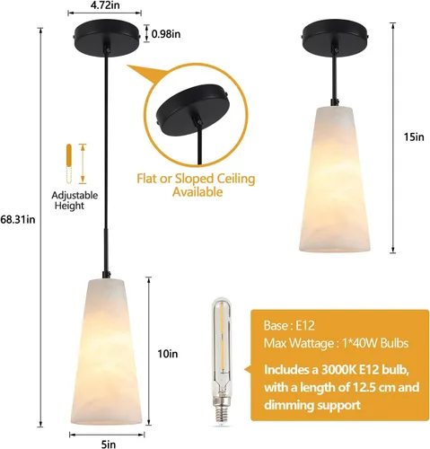 Miniatura 3 de Luces colgantes de alabastro natural, isla de cocina, pantalla cónica de mármol blanco, modernas lámparas de techo negras para mesa de comedor, sala