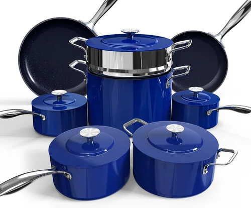 Nuwave Lux - Juego de utensilios de cocina ligeros forjados de 13 piezas, sin PFAS, revestimiento de cerámica saludable G10 Duralon, ultra Azul