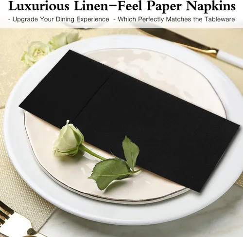 Miniatura 8 de Servilletas negras desechables con sensación de lino con bolsillo integrado para cubiertos, preplegadas para cuchillos y tenedores, servilletas