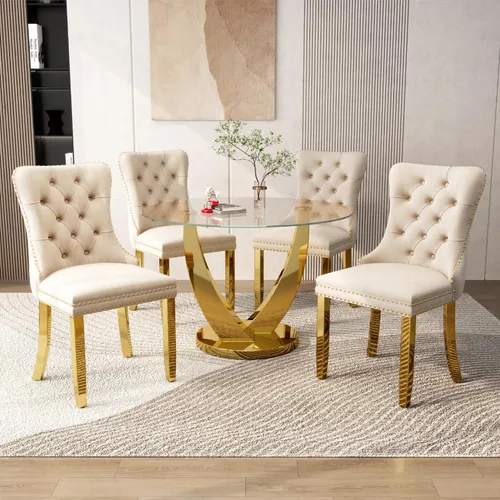 Miniatura 19 de Juego de mesa de comedor redonda de vidrio de 38.9 pulgadas para 4, mesa de cocina redonda dorada con 4 sillas decorativas de terciopelo tapizadas