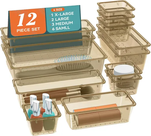 Miniatura 10 de ElegantArray Juego de organizador de cajones de 12 piezas, 4 tamaños, organizador de tocador de plástico versátil para maquillaje, papelería, Negro