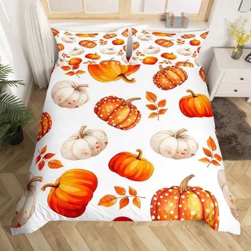 Miniatura 30 de Erosebridal Juego de funda de edredón individual de pavo de Acción de Gracias, juego de ropa de cama de calabaza y hojas de otoño para niños