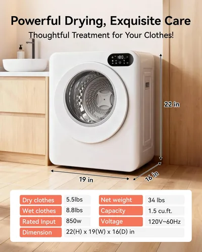 Miniatura 9 de Euhomy Secadora portátil de 1.5 pies cúbicos, secadora de ropa de 850 W con tambor de acero inoxidable, 4 funciones, panel de control LED, secadores