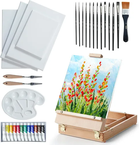 ARTIFY Art Supplies Kit de caballete de mesa con 12 pinturas acrílicas, 13 pinceles, 4 tablas de lona, 2 cuchillos de paleta y paleta de plástico,