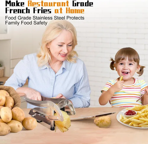 Miniatura 8 de Cortador de papas de acero inoxidable apto para lavavajillas con cuchillas de 1/2 y 3/8 pulgadas, base de succión antideslizante, cortador manual