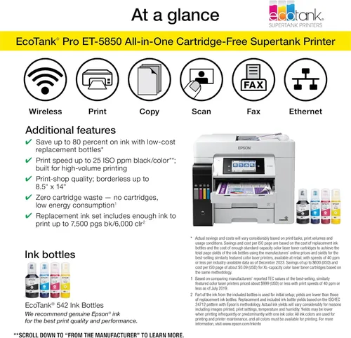 Miniatura 2 de Epson EcoTank Pro ET-5850 Impresora inalámbrica de color todo en uno SuperTank con escáner, copiadora, fax y Ethernet, color blanco