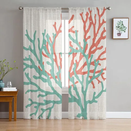Cortinas traslúcidas color verde azulado naranja coral, 63 pulgadas de largo, juego de 2 paneles, cortinas de gasa para sala de estar, verano,