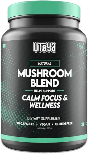 UTOYA Suplementos naturales de mezcla de hongos – Cápsulas de suplemento de melena de león con Reishi, Cordyceps, más para la calma, la