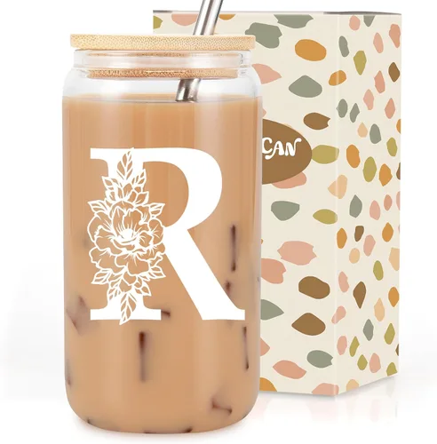 Taza de Vidrio Inicial Coolife, Regalos Personalizados para Mujeres, Tazas de Vidrio de 16 oz con Tapas y Popotes, Vaso para Café Helado, Licuado y