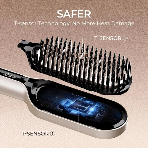 Miniatura 2 de TYMO Cepillo alisador de cabello – Cepillo alisador iónico Plus mejorado con cerdas densas, 16 temperaturas, doble voltaje Peine caliente de Dorado