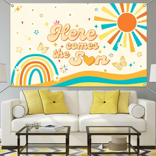 Miniatura 6 de Mocsicka Banner bohemio para baby shower con texto en inglés «Here Comes The Sun», decoración de fiesta de baby shower, para fotografía, decoración