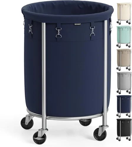 Miniatura 11 de Songmics – Cesta de lavandería de 29 galones (110 L) con ruedas, carrito rodante resistente redondo con marco de acero y bolsa extraíble, 2 ruedas