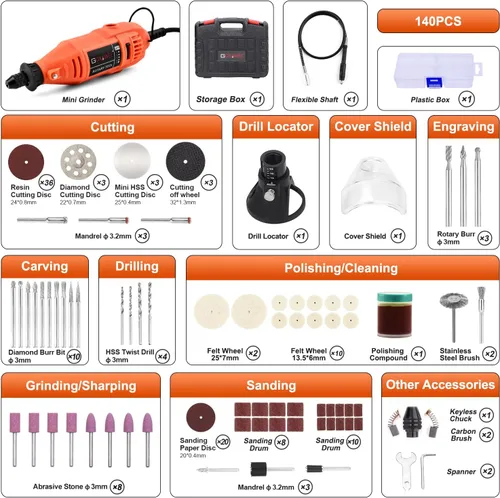 Miniatura 8 de GOXAWEE Kit de herramientas rotativas con portabrocas sin llave y eje flexible, herramienta eléctrica multiusos de velocidad variable y 140