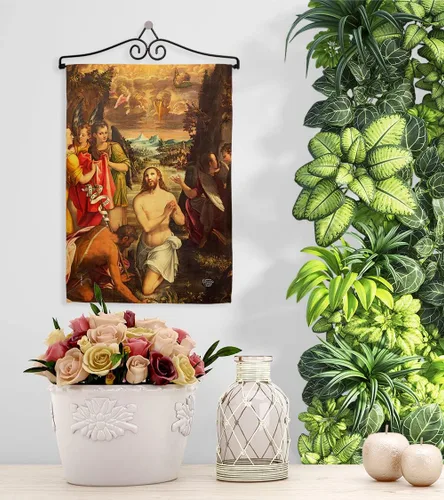 Miniatura 11 de Juego de banderas de jardín con diseño de bautismo de Cristo, colgante de pared religioso, esperanza gracia paz, paloma de la paz religiosa