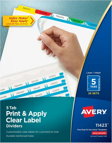 Avery Separadores de 5 pestañas para carpeta de 3 anillas, tira de etiquetas transparente fácil de imprimir y aplicar, pestañas multicolor