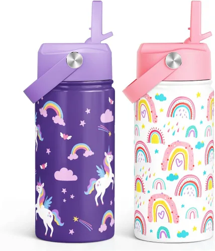 Miniatura 17 de SANDJEST Botella de Agua para Niños con Tapa de Pajita - 12 Oz Botella de Acero Inoxidable Aislada con Dibujo de Animales para Niños y Niñas - Taza