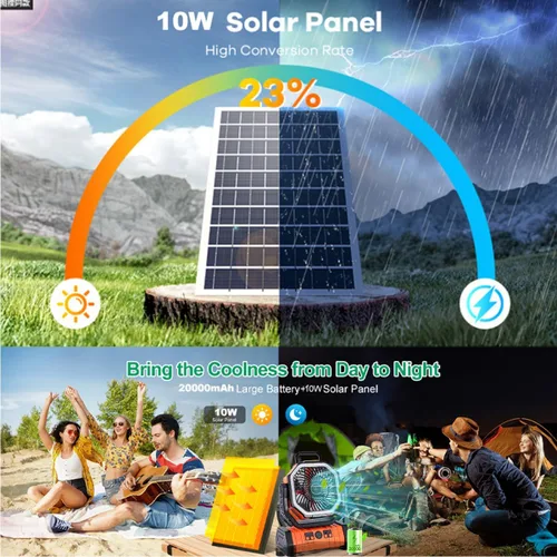 Miniatura 3 de Ventilador solar de campamento de 20000 mAh con panel solar de 10 W, banco de energía solar recargable para exteriores, linterna LED, tienda