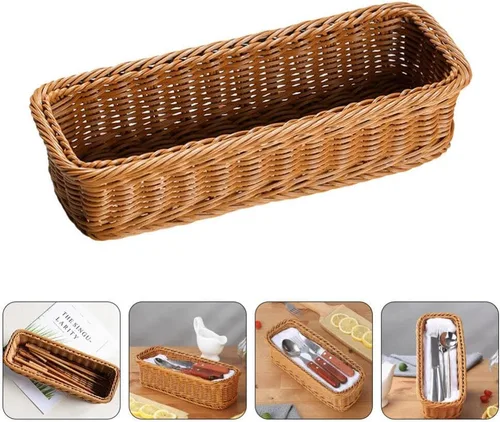 Miniatura 2 de ABOOFAN Organizador de almacenamiento de cubiertos tejido de mimbre, organizador de utensilios de cubiertos, cesta de pan de ratán, bandeja